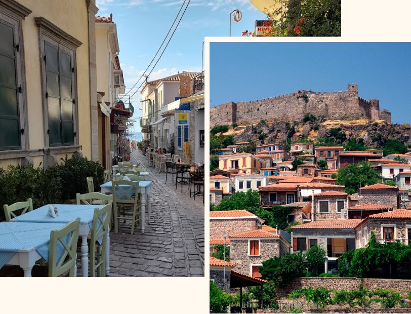 Molyvos castle overlooking the Aegean and cobbled harbour, north Lesvos